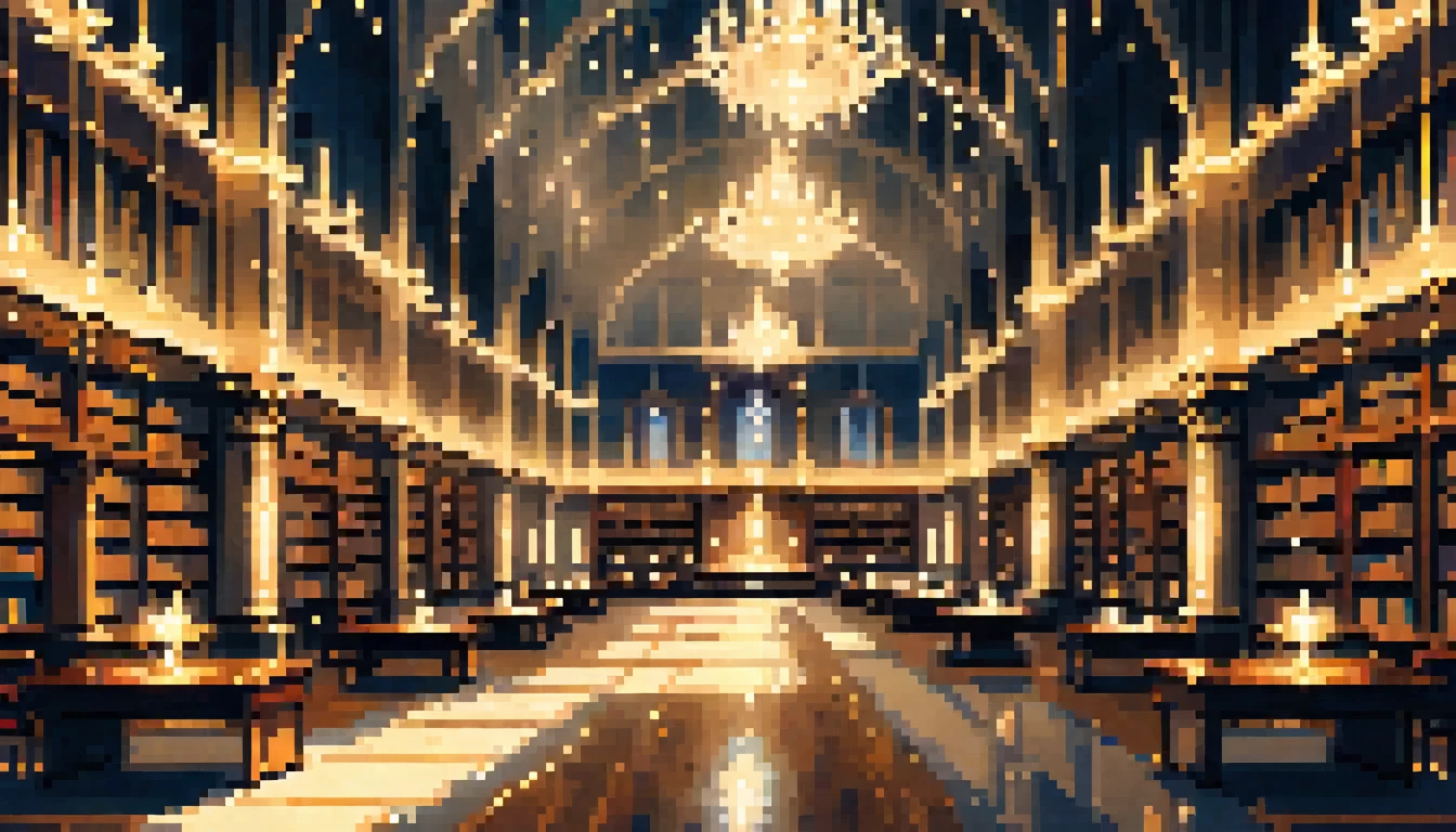 a great hall as a library with bright gold lights and futeristic crystals Minimalism, anime, jpeg artifacts, Eye-Level Shot, atmospheric perspective, masterpiece, ccurate, high quality, best quality, 8k