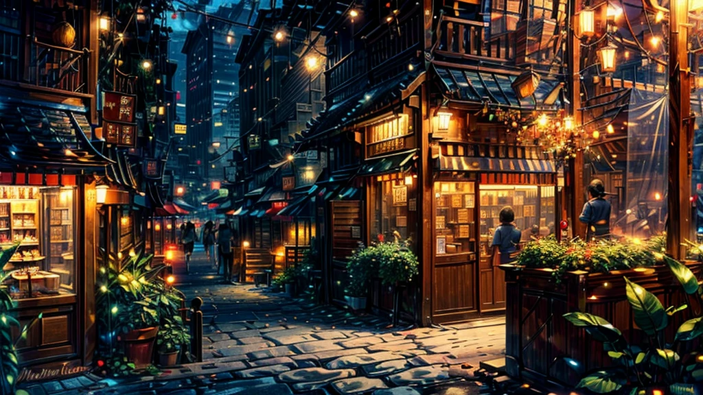 City Street Scene,Corner coffee shop,Dessert shop,Florist,kapok tree,Warm color healing style