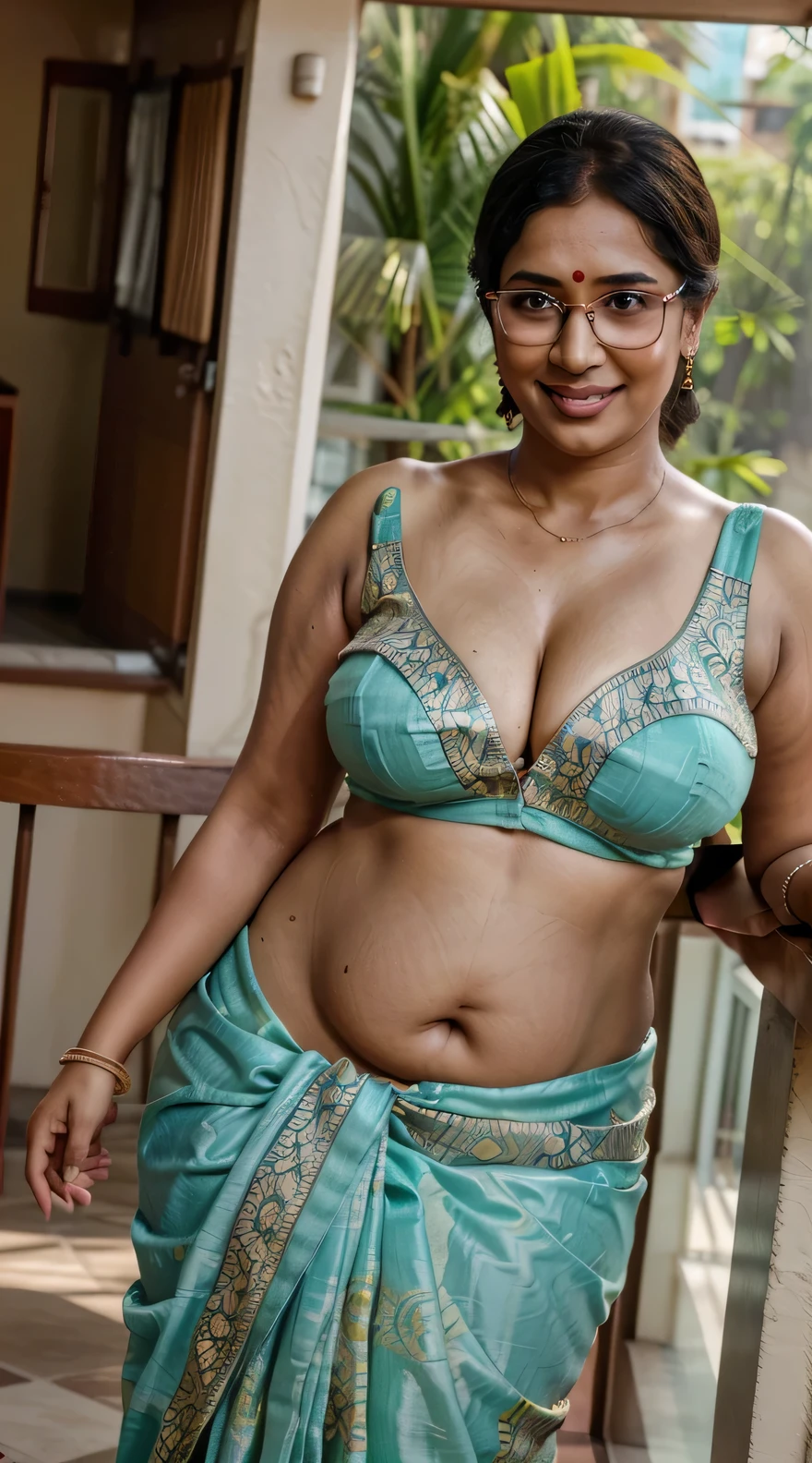 (RAW photo, natural lighting, best quality:1.15) Indian woman Nisha, wearing colorful saree blouse, 40 years old, (chubby cheeks:1.1), (curvy body:1.2), (beautiful belly), (eyeglasses), (bindi), An Indian beauty, charismatic, fair skintone, view the viewer, naughty smile, balcony, (detailed facial features),