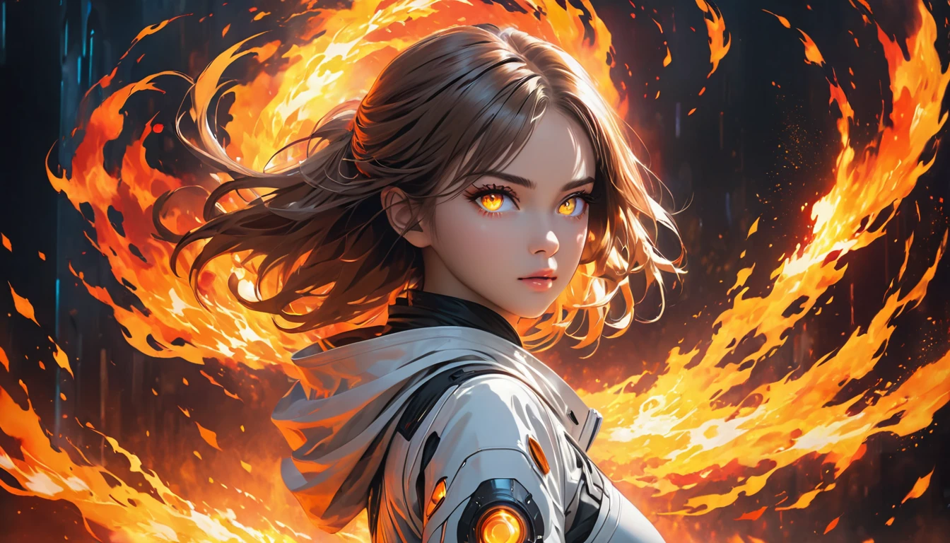 VERY BEAUTIFUL GIRL, WITH FIRE AURA SURROUND HER WHOLE BODY, POWERFULL, WHITE PUPIL EYE, DRAMATIC FIRE FUTURISTIC BACKGROUND, HALF BODY, 4K