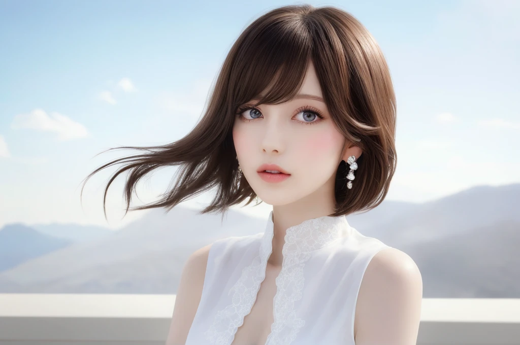 {{a extremely delicate and beautiful girl}}, {{extremely delicate and beautiful girl}}, {{{soft focus}}}, {{{perfect details}}}, {{{detailed and beautiful}}}, close shot, looking away, depthoffield, look up to, beautiful detailed fullbody, longuette, {{{woman}}}, young, Bob hair, spiked hair, wept bangs, grey hair, Perfect face, ?, detailed beautiful eyes, white skin, piercing, harajuku fashion, 白いシャツ,sleeveless shirt, open clothes, landscapes, white background, blurry background, cinematic lighting, flowing transparent white, {{{best masterpiece}}}, {{{best quality}}}, {{{extremely detailed 8K wallpaper}}},