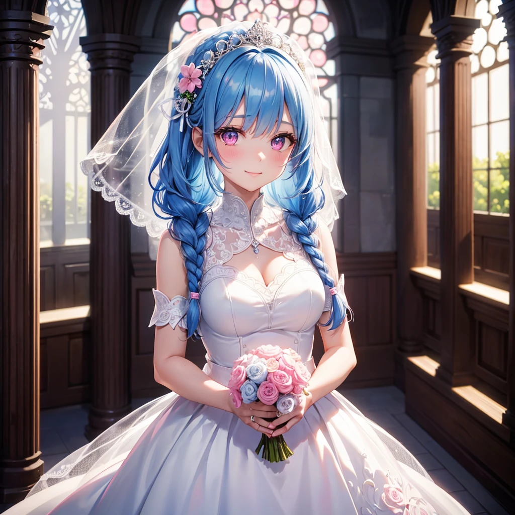 Sky Blue Medium Hair, (Braided Hair),(Pink Eyes),Fair skin ,(whole body),(1 girl),bride,smile、Straight bangs, 6月のbride,Wedding dress,(masterpiece, Highest quality, Very detailed, Best Shadow), (Detailed Background), (Beautifully detailed face), High Contrast, (Best lighting, Very delicate and beautiful), ((Cinematic Light)), colorful, Hyper Detail, Dramatic Light, Intricate details,Wedding hall,