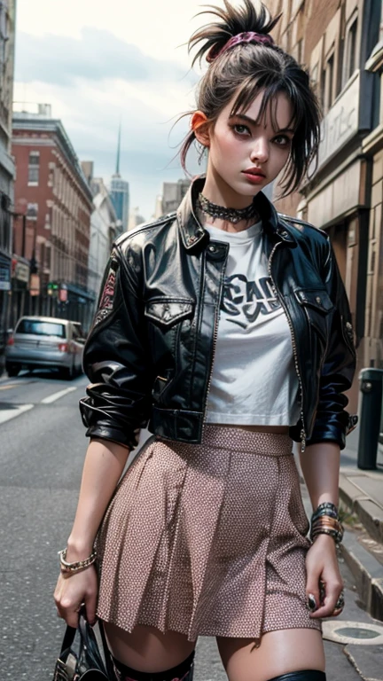 solo , 1girl , shirt rock punk 90s styes , big breast , skirt rock punk 90s styes