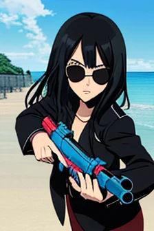 score up_9,source_anime,anime style,masterpiece,best quality,super detailed,super fine illustration,8k,beach,holding watergun,black hair,sunglasses,black jacket,perfect hands,perfect fingers,perfect face,beautiful background,set a target,detailed watergun,perfect watergun,