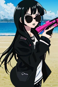 score up_9,source_anime,anime style,masterpiece,best quality,super detailed,super fine illustration,8k,beach,holding watergun,black hair,sunglasses,black jacket,perfect hands,perfect fingers,perfect face,beautiful background,set a target,detailed watergun,perfect watergun,