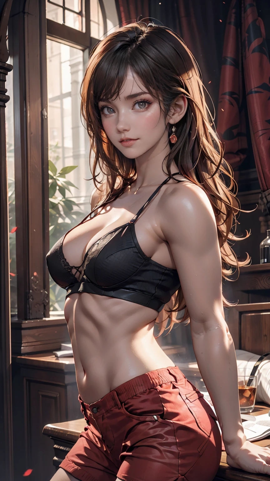 Ultra-detailed beautiful girl, With a ferocious lioness, Cinematic, Cinematic Light, Realistic, 3D Rendering, Very detailed Face, Very detailed, Realistic Appearance, Real, Realistic Girl, Very detailed Hair、24-year-old woman、Sexy proportionature female body、Sexy proportionakeup、Lips with red lipstick、Textured skin((textured skin))、smile、Narrow waist