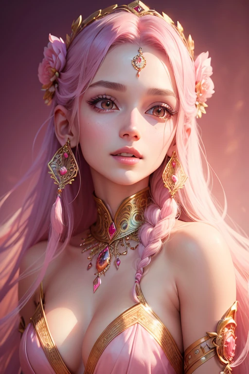 A beautiful goddess with teeth-like dress, surrounded by a pink background, detailed facial features, flawless skin, long eyelashes, volumetric hair, intricate dress design, ethereal lighting, glowing skin, graceful pose, dreamlike atmosphere, soft color palette, photorealistic, 8k, high quality, masterpiece