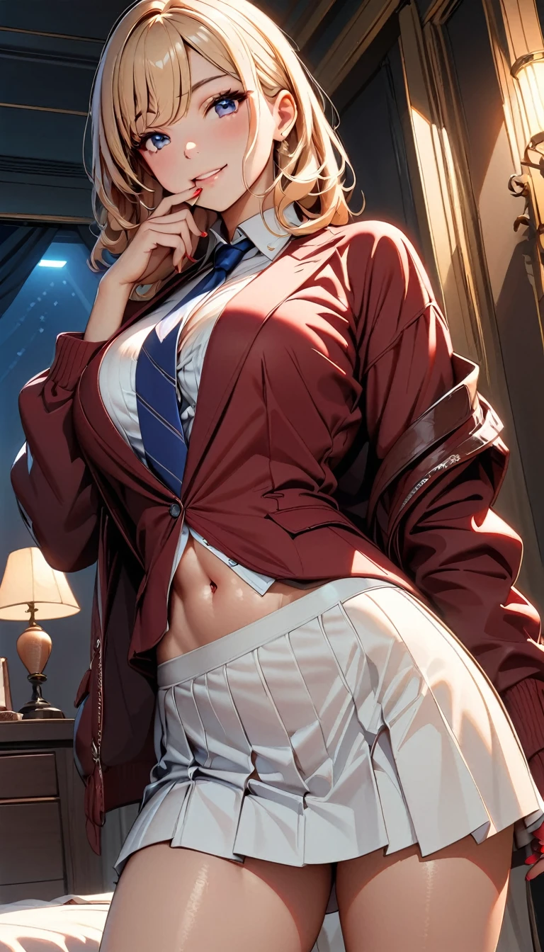(Highest quality:1.2, High detail, masterpiece:1.2, Best aesthetics), (1 Girl), Cowboy Shot,red jacket,white shirt,white miniskirt,black long socks,brown heels,blue tie,Ganyu, Beautiful detailed eyes, Beautiful detailed lips, Highly detailed face, Detailed Fashion, elegant, luxury, High quality fabric, Shine, Shine, smile, Random Pause, Dutch Angle, bedroom, night, Dramatic lighting, Cinematic, Bright colors, Intricate details, Chiaroscuro lighting.,large breasts ,red nails,finger in mouth,phone close to ear,lift her jacket a littlw to show her abs,abs