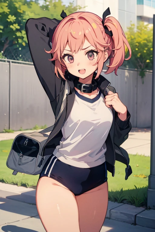 Four girls with pink hair, Long twin tail hairstyles, Small, bushy eyebrows, Wearing Gothic ta clothes, Loli(Zankuro) Drawing style by zankuro artist, Zancrow Style, Image uploaded to R34, Walk to school, Sexy smile, One Girl, young teen, Blgym bloomers, High Leg、School Shirt, Jewel-like eyes、whole body、Blonde long hair、(Black gym bloomers)+(White blouse with collar)、Place your hands behind your back、Cowboy Shot、