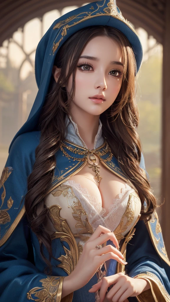((masterpiece)), ((Highest quality)), (Super detailed), ((cute)), cute, (Lovely), ((sexy)), (device), ((Very detailed)), (Detailed eyes), (Detailed facial features), (Detailed fingers), (Detailed clothing features),4K, (8K), (beautiful), figure, Dynamic Angle, (Upper Body:1.2), (Holding a wizard's wand:1.3), Knossos palace, evening, autumn, Beautiful woman, alone, beautiful navy blue wizard dress, (she wears a skimpy wizard dress:1.3), beautiful purple hair, Fishtail Braid, beautiful blue eyes, ((beautiful eyes)), White teeth, Saggy breasts, (hair ornaments:1.2), Earrings, Bib Necklace, smile, Lens flare, Shiny