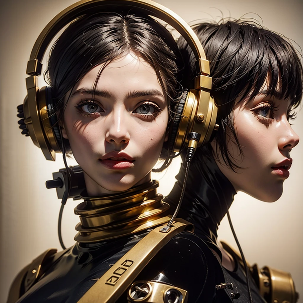 skinny turkish girl cat in gold latex An artwork on canvas in anime style with a robotic girl figure with headphones