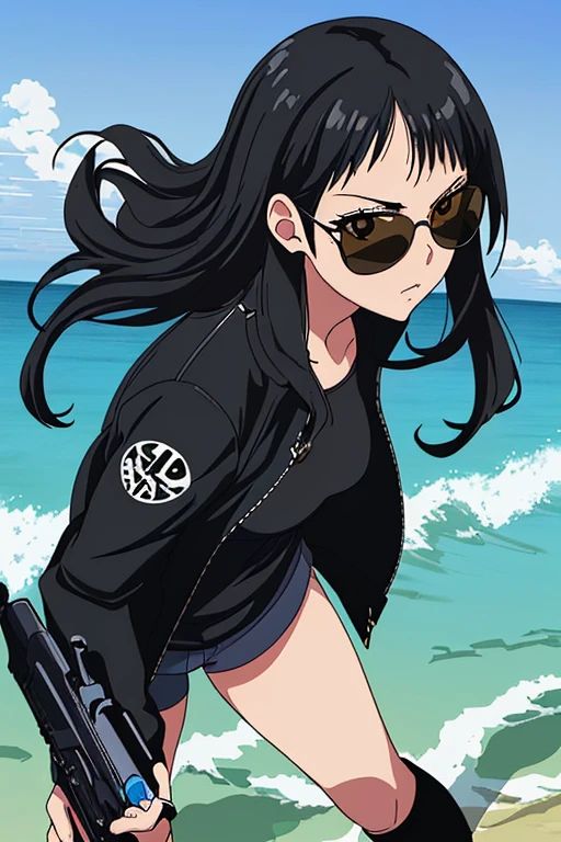 score up_9,source_anime,anime style,masterpiece,best quality,super detailed,super fine illustration,8k,beach,holding watergun,black hair,sunglasses,black jacket,perfect hands,perfect fingers,perfect face,beautiful background,set a target,detailed watergun,perfect watergun,