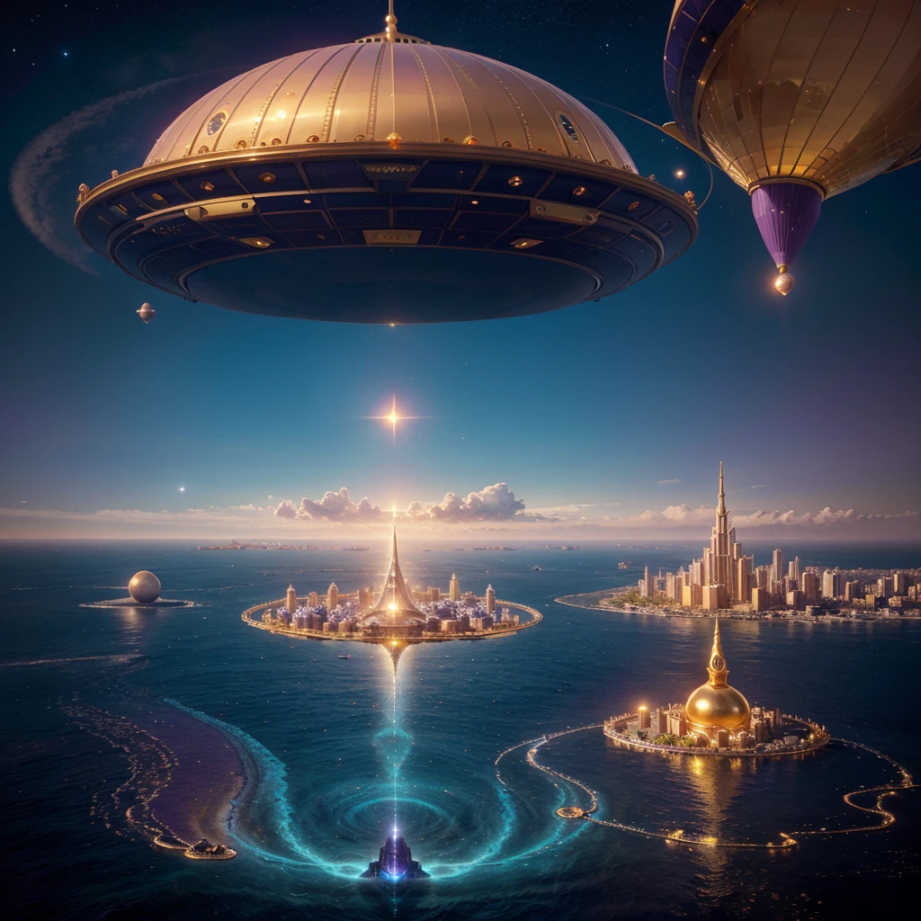 A floating celestial metropolis with golden domes and tall towers levitates over a vast tranquil ocean. The horizon shows other distant metropolises. Heaven, extremely beautiful, exhibits distant planets and vibrant colors, predominating purples and blues. Advanced civilization in arcane and scientific arts.