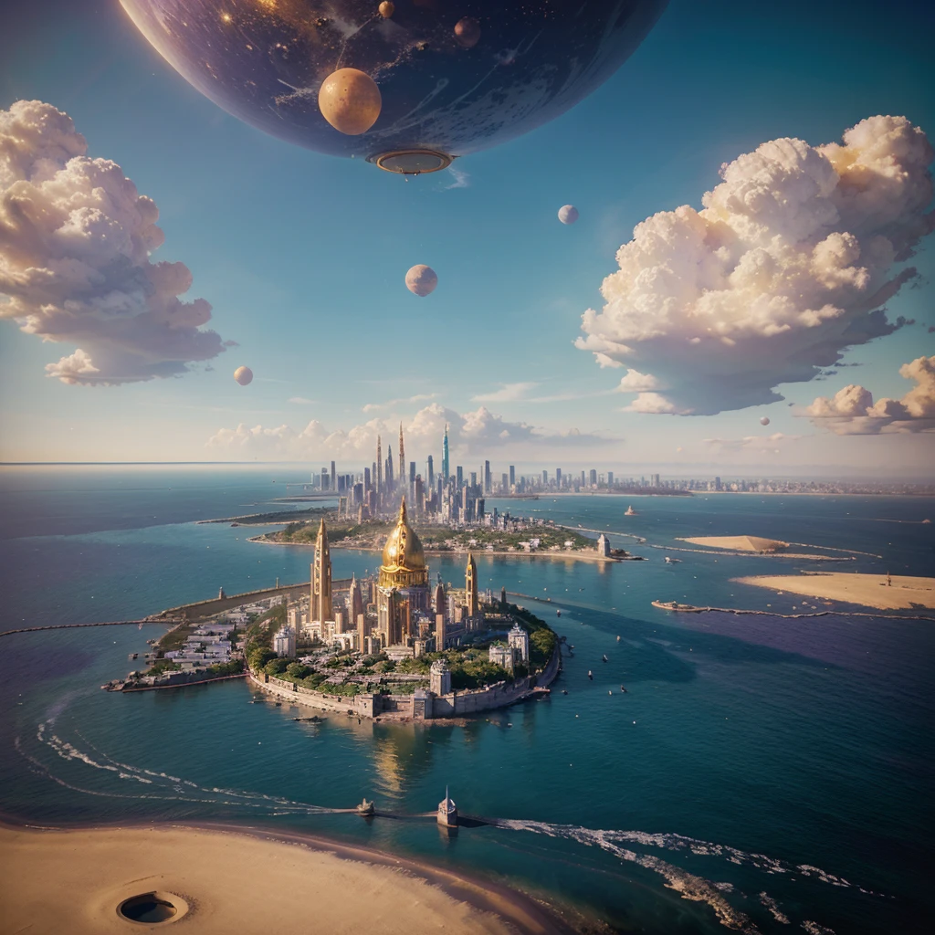 A floating celestial metropolis with golden domes and tall towers levitates over a vast tranquil ocean. The horizon shows other distant metropolises. Heaven, extremely beautiful, exhibits distant planets and vibrant colors, predominating purples and blues. Advanced civilization in arcane and scientific arts.