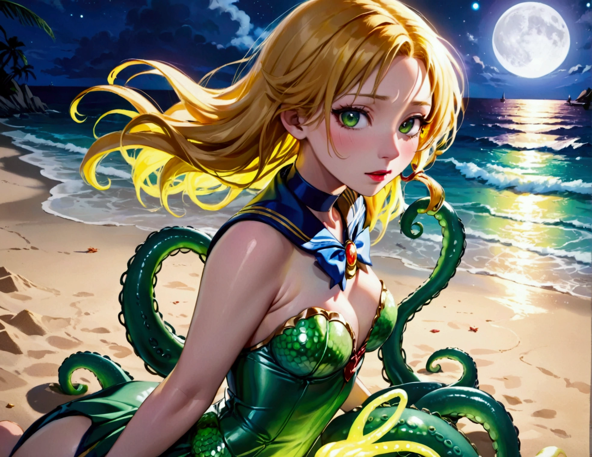 A hyper realistic Sailor Moon (portrayed by cate Blanchett, age 25, golden hair let down waist length, magical transformation to scout outfit) is on a moonlit beach, (demonic tentacle beasts erupt from the sand and sea near her, huge tentacles, slimy tentacles, fluorescent glow)