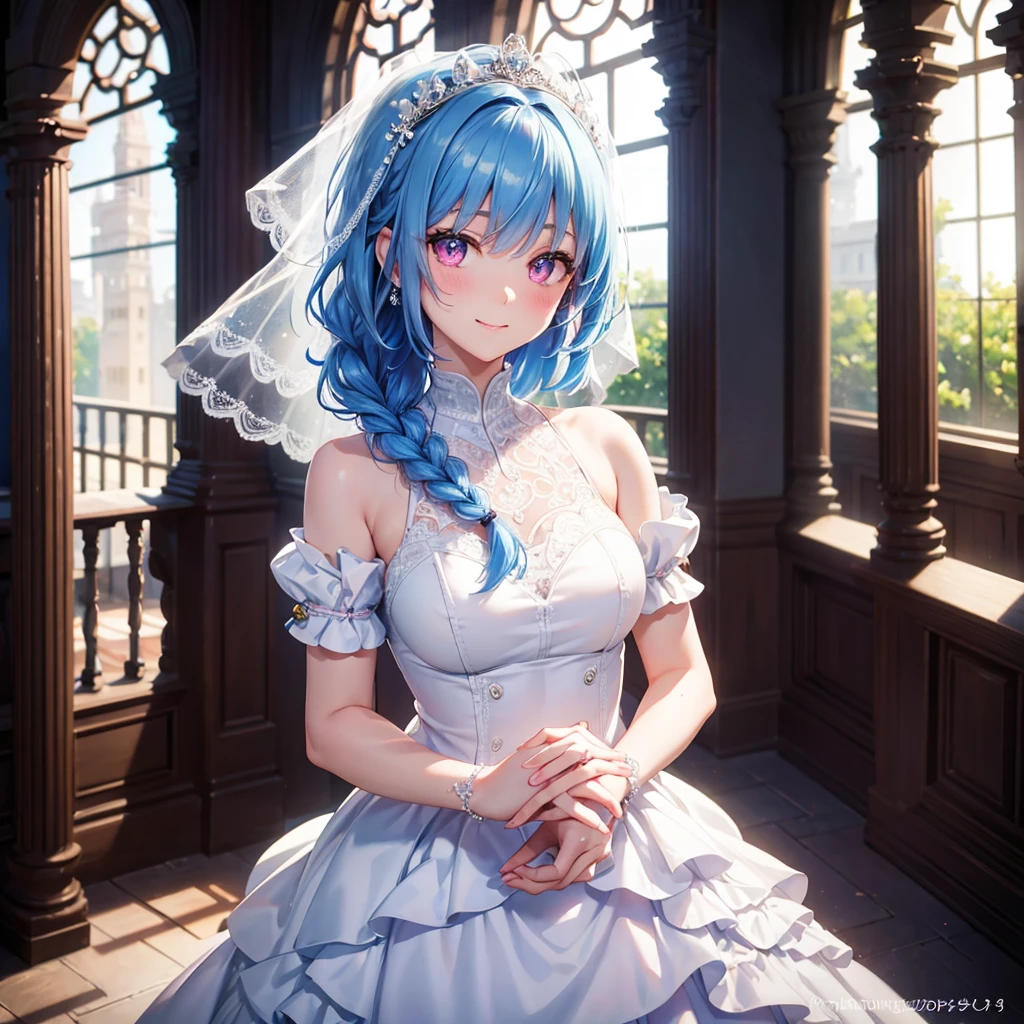 Sky Blue Medium Hair, (Braided Hair),(Pink Eyes),Fair skin ,(whole body),(1 girl),bride,smile、Straight bangs, 6月のbride,Wedding dress,(masterpiece, Highest quality, Very detailed, Best Shadow), (Detailed Background), (Beautifully detailed face), High Contrast, (Best lighting, Very delicate and beautiful), ((Cinematic Light)), colorful, Hyper Detail, Dramatic Light, Intricate details,Wedding hall,