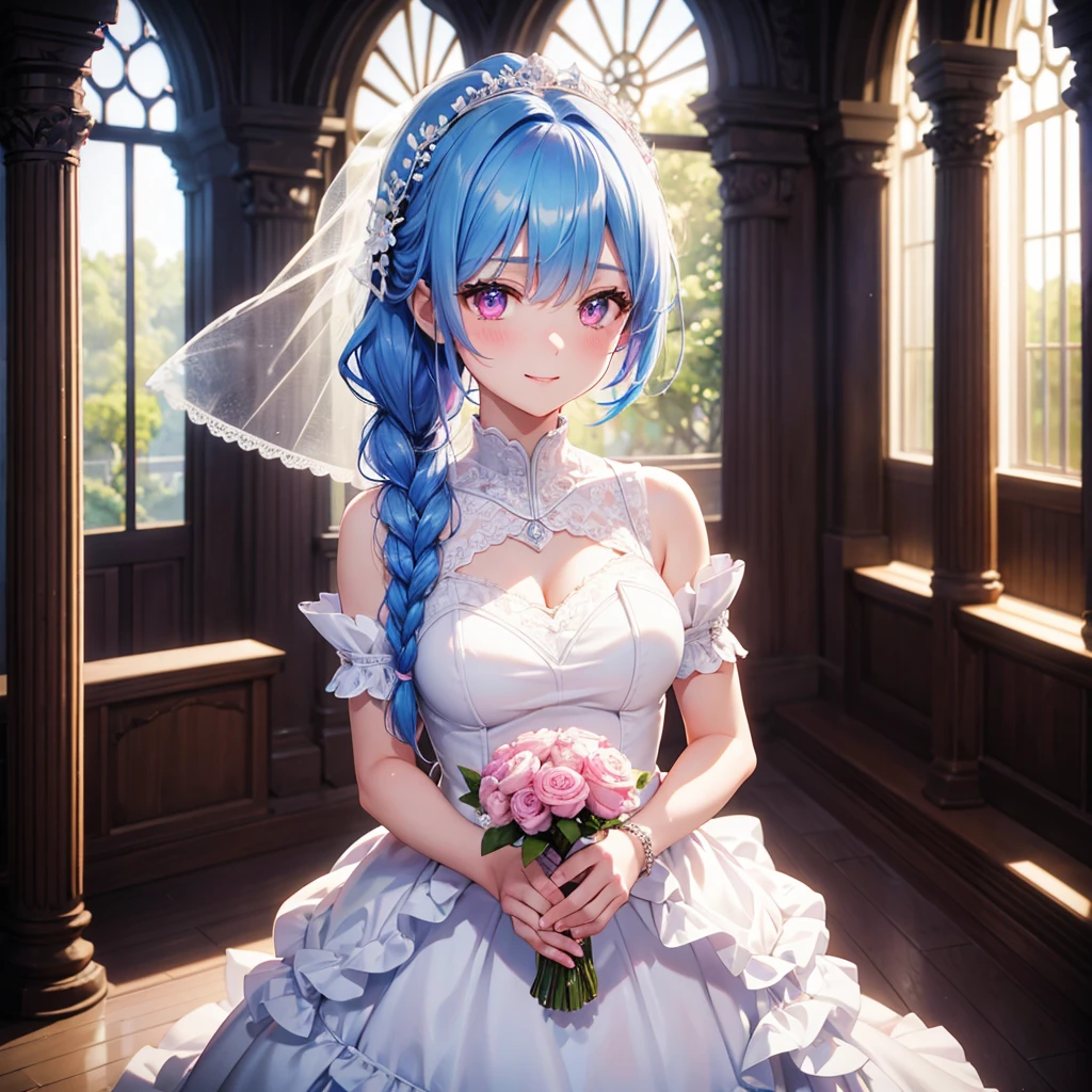 Sky Blue Medium Hair, (Braided Hair),(Pink Eyes),Fair skin ,(whole body),(1 girl),bride,smile、Straight bangs, 6月のbride,Wedding dress,(masterpiece, Highest quality, Very detailed, Best Shadow), (Detailed Background), (Beautifully detailed face), High Contrast, (Best lighting, Very delicate and beautiful), ((Cinematic Light)), colorful, Hyper Detail, Dramatic Light, Intricate details,Wedding hall,