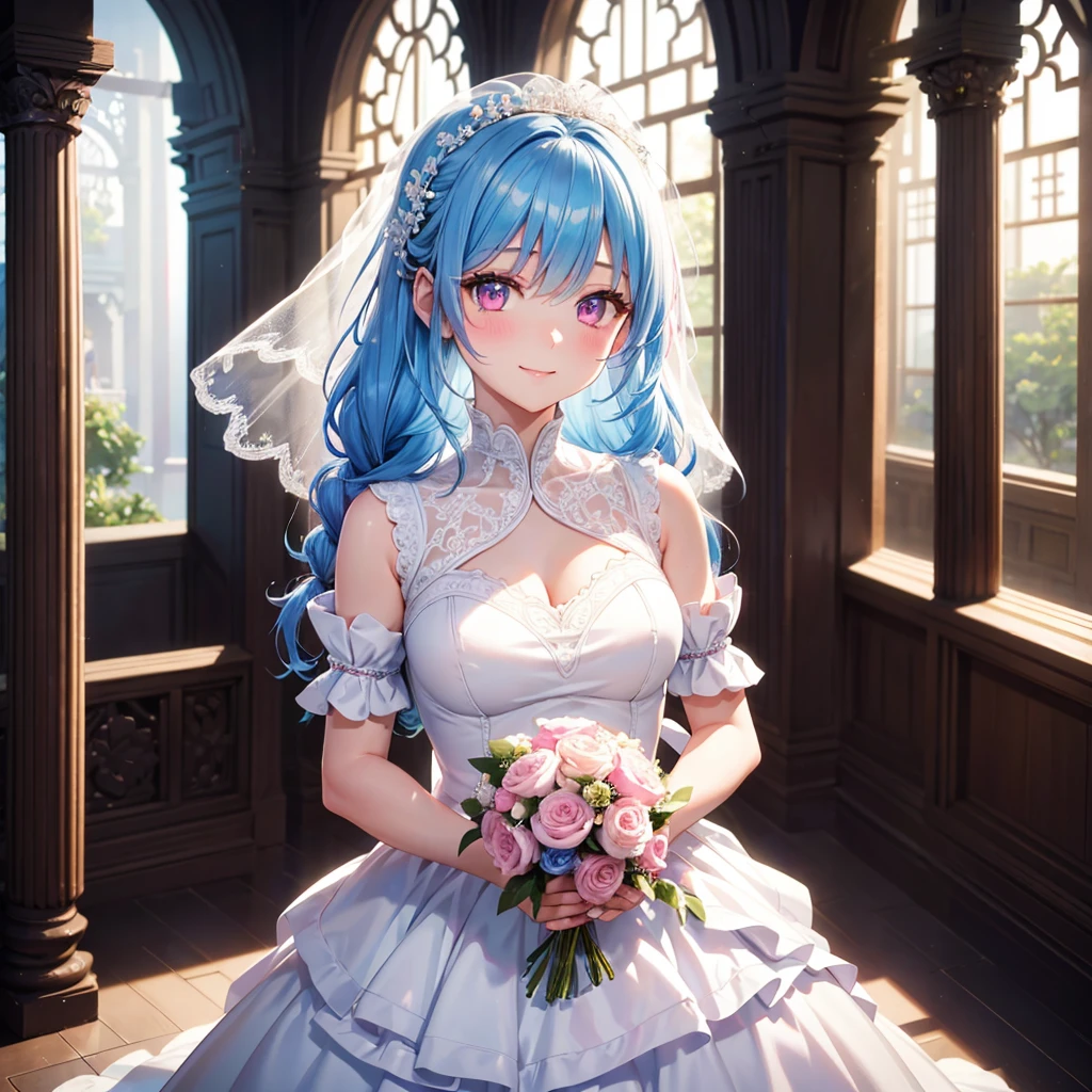 Sky Blue Medium Hair, (Braided Hair),(Pink Eyes),Fair skin ,(whole body),(1 girl),bride,smile、Straight bangs, 6月のbride,Wedding dress,(masterpiece, Highest quality, Very detailed, Best Shadow), (Detailed Background), (Beautifully detailed face), High Contrast, (Best lighting, Very delicate and beautiful), ((Cinematic Light)), colorful, Hyper Detail, Dramatic Light, Intricate details,Wedding hall,