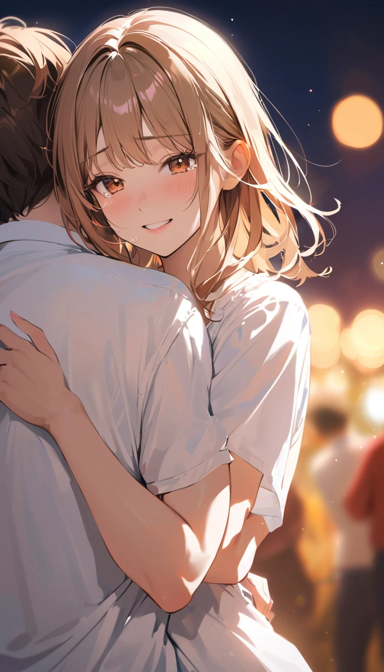 super detail, best quality, a woman ,semi-long, Light brown hair, Jump on opponent,Embrace,Reuniting with a loved one, tears of gratitude, Blurred background