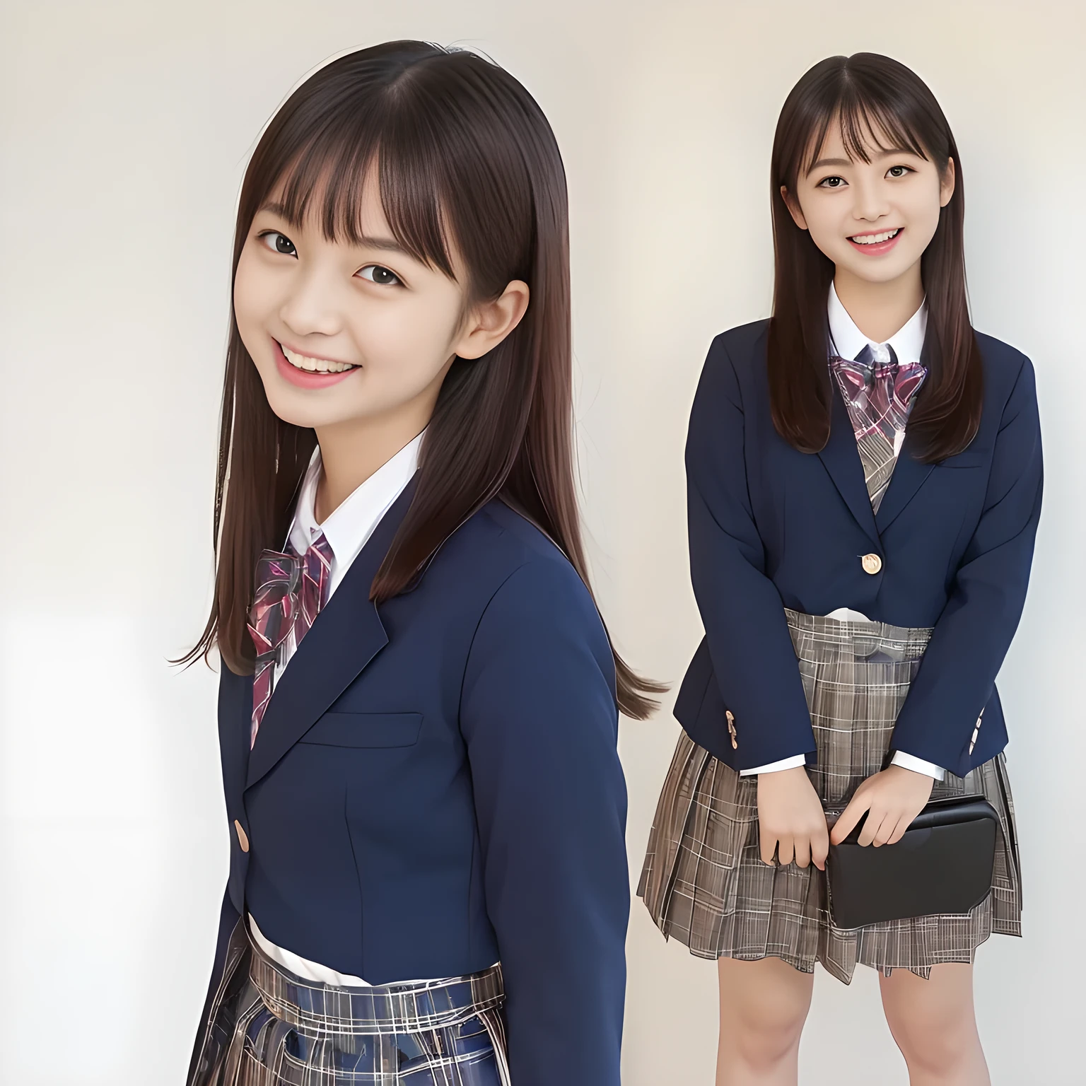 (Highest quality, masterpiece:1.2), Highest quality, High resolution, 1080P, 8k, height: 165cm, ((A noble, graceful and intelligent girl who looks like a best proportion Japanese young lady is turning around and smiling at the viewer)), ((So sweet, very noble, neat, and pretty Japanese beautiful cute girl)), ((A real, very girly, sweet, cute and noble girl)), ((((A beautiful Japanese cute fashion model)))), ((((Very pure white face and limbs)))), Glossy Lips, (Evenly cut bangs), ((Very beautiful, droopy, cute, pure, noble brown eyes)), ((Super long, black straight hair that reaches the floor)), (Very shiny, glossy Lips), ((Beautiful straight hair like a school promotion model)), Watch at you, ((Incredibly well organized, Rich facial expressions)), ((Plump and beautiful white skin and face)), ((Pure, clear, gentle brown eyes)), ((staring at me)), Glossy Lips, ((noble and elegant)), Very beautiful blue skirt, ((Large upward-curving lips)), White Hand, (((Navy Japanese school blazer with noble golden emblem))), ((Navy and sapphire blue Japanese school uniform)), ((Tartan check pattern pleated long skirt)), ((Cobalt blue string chest ribbon)), ((((An ecstatic expression of boundless joy)))), ((plain white background)), ((perfect body)), ((Promotion poster of shampoo for girls))