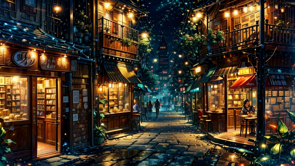 City Street Scene，Corner coffee shop，Dessert shop，Florist，kapok tree，Warm color healing style