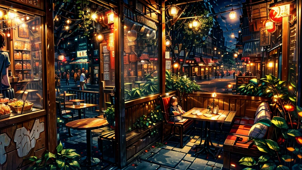 City Street Scene,Corner coffee shop,Dessert shop,Florist,kapok tree,Warm color healing style
