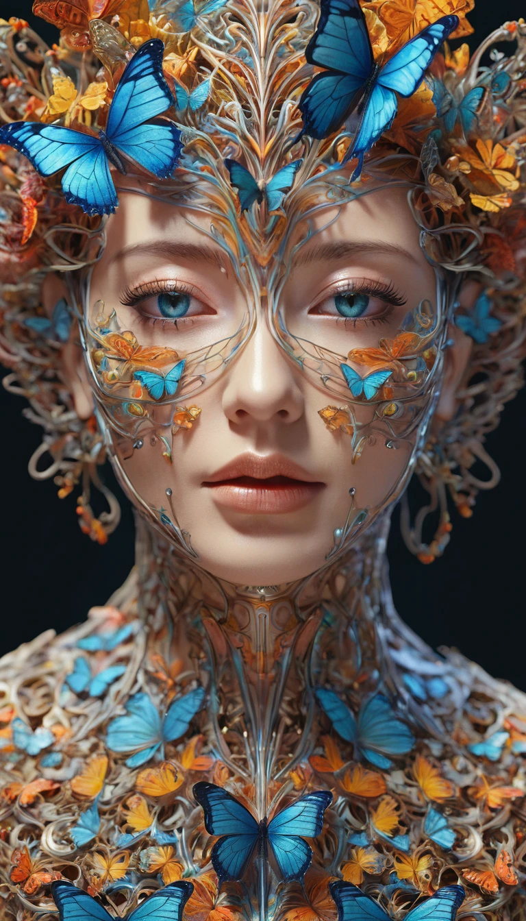 Human head with transparent layers inside，Just a butterfly hybrid in the brain, beautiful detailed complex insanely detailed octane render trending on artstation, 8k Art Photography, Reality, Center, symmetry, painted, complex, Volumetric Lighting, beautiful, A masterpiece of intense and rich colour, Clear focus, Extremely detailed, Dan Mumford and Mark Simonetti&#39;s style, Astrophotography