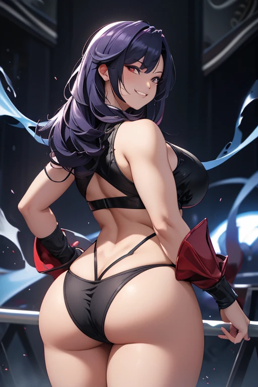 A beautiful evil lady leader with deep red eyes, strong wrestler, wearing blue panties, (gazing condescendingly at the viewer with a cute grinning expression), (thick thighs: 1.1, attractive buttocks:1.1), (looking back over their shoulder), wet body, steam, extremely detailed and realistic, masterpiece quality, ultra-detailed, HDR, studio lighting, vivid colors, physically-based rendering, 