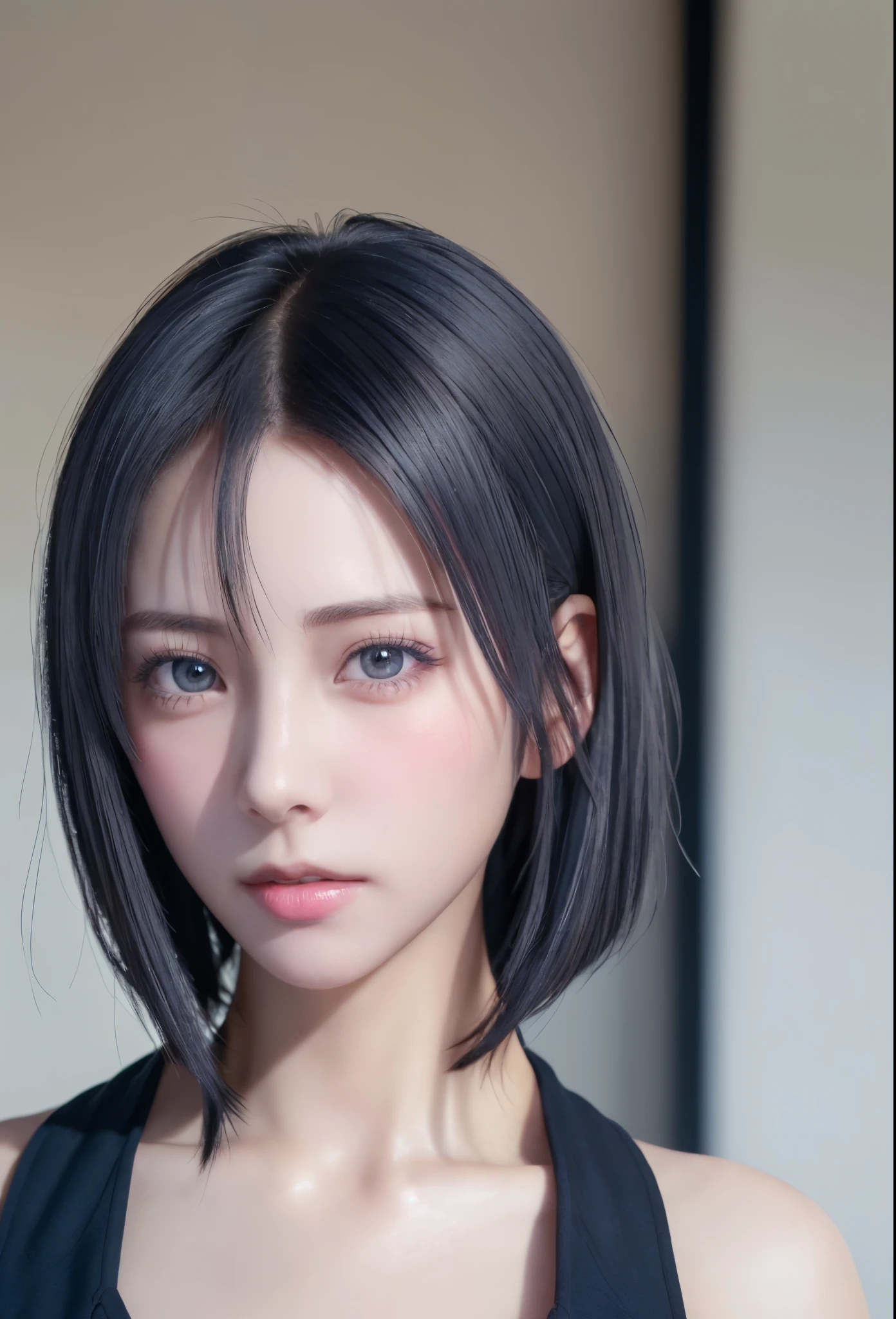 (masutepiece:1.3), (8K, Photorealistic, Raw photo, Best Quality: 1.4), (1girl in), Beautiful face, (Realistic face), (Black hair, Short hair:1.3), bikini of, Beautiful hairstyle, Realistic eyes, Beautiful detailed eyes, (Realistic skin), Beautiful skin, (Navy BL...