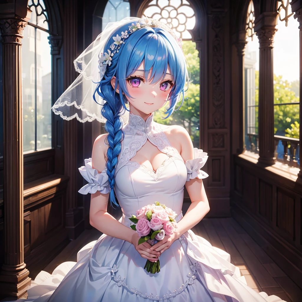 Sky Blue Medium Hair, (Braided Hair),(Pink Eyes),Fair skin ,(whole body),(1 girl),bride,smile、Straight bangs, 6月のbride,Wedding dress,(masterpiece, Highest quality, Very detailed, Best Shadow), (Detailed Background), (Beautifully detailed face), High Contrast, (Best lighting, Very delicate and beautiful), ((Cinematic Light)), colorful, Hyper Detail, Dramatic Light, Intricate details,Wedding hall,