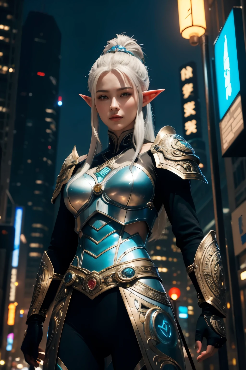 Imagine an elf with an elegant and imposing appearance, with fine features and pointed ears, typical characteristics of your mystical race. Her hair is long and silver, tied in a traditional samurai bun, contrasting with the technological atmosphere around it. He wears light armor, made from futuristic materials, but with a design inspired by ancient samurai armor, mixing tradition with modernity. The armor is adorned with blue neon lights that gently pulse, highlighting the intricate hand-carved details.

He wields a shining katana, whose blade emits a greenish light and is full of circuits and gears, suggesting a power beyond simple physical strength. Em seu cinto, there are several technological devices and electromagnetic pulse grenades, symbols of their adaptation to the cyberpunk world. Your eyes have an unearthly shine, perhaps the result of cybernetic implants or a remnant of elven magic, and reflect the wisdom and experience of a veteran warrior.

The background should depict a vibrant cyberpunk city, full of skyscrapers, holograms and flying vehicles. The streets are full of neons and shadows, creating a contrast between artificial light and urban darkness. Despite being in such a modern environment, the samurai elf maintains a serene and disciplined posture, symbolizing the harmony between ancient tradition and futuristic innovation.

The drawing style is handmade, with detailed strokes and rich textures that capture both the natural elegance of the elf and the technological complexity of the world around him. Shadows are drawn with careful hatching, and neon lights are highlighted with vibrant splashes of color, bringing a sense of life and movement to the scene.