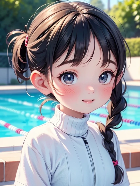 Highest quality、High resolution、Detailed Background、(Beautiful face in every detail:1.4)、Anatomically correct、(Detailed facial expressions)、(fine grain:1.2)、Teenage Beauty、Cute hair color、Braided Ponytail、Braided bob cut、Braided twin tails、Junior competitive swimmer, ((Turtleneck one piece swimsuit)), Clear sapphire glass swimsuit, Small breasts、Perfect body line、Thick thighs、((Full Body Shot)), View your audience, Poolside, Wet Skin, School swimming pool、 A kind smile、Fun atmosphere、Cute gestures