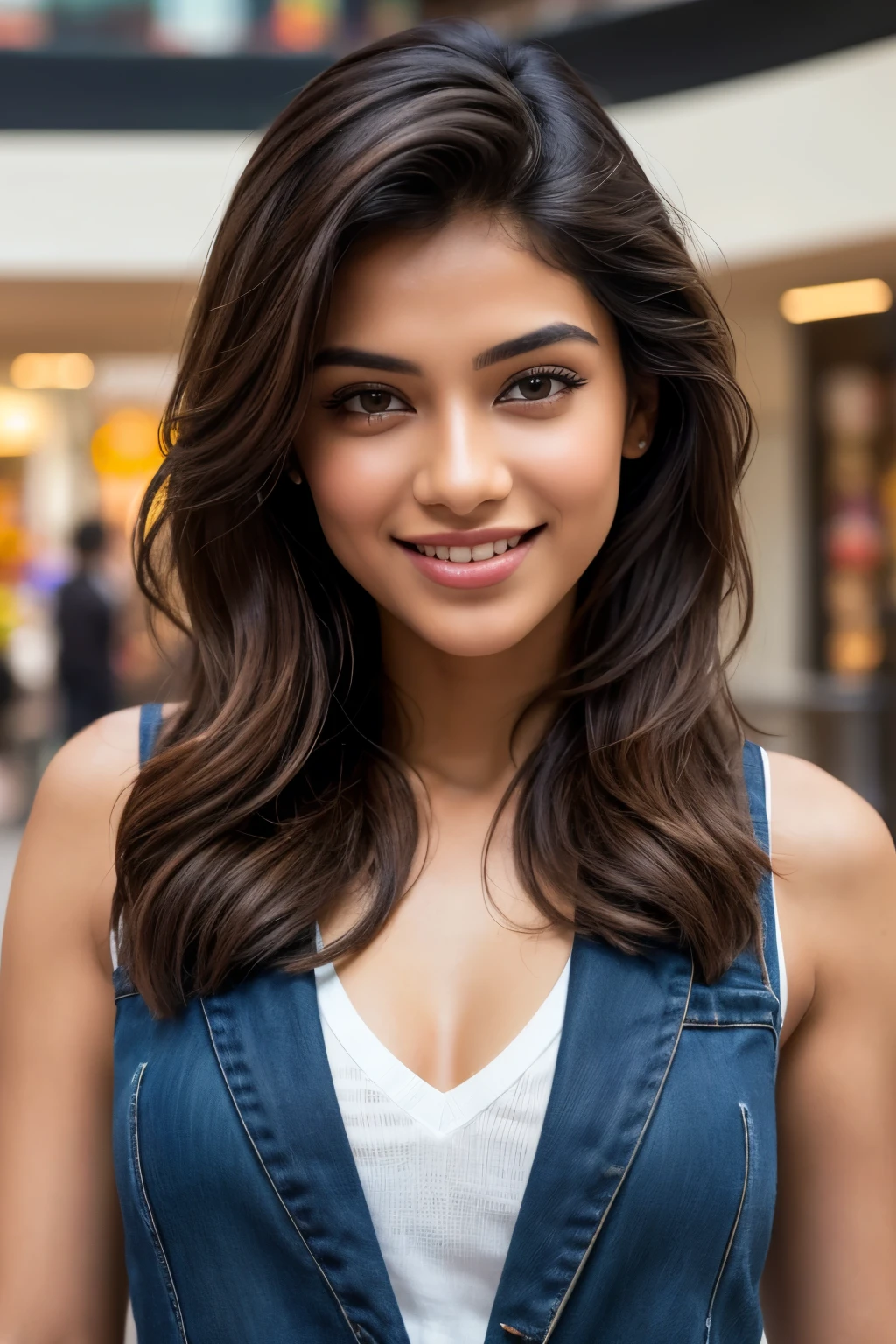 (best quality, ultra detailed, realistic: 1.37) A vibrant 25-year-old Indian influencer model with styled light brown long wavy hair and deep brown eyes exudes charm at a shopping mall. The scene is captured in a beautifully composed photograph at a mall, joined by a female friend showcasing the model's warm smile and engaging presence. The image captures a moment of happy friends in a high-quality, visually stunning way.