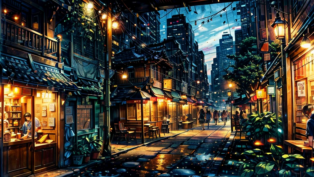 City Street Scene，Corner coffee shop，There is a table，kapok tree，Warm color healing style
