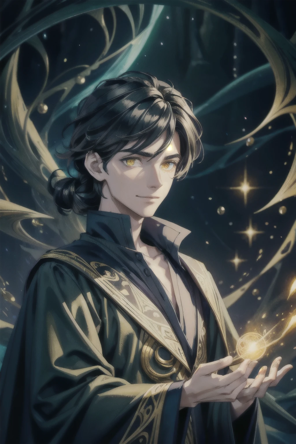 (best quality) (1man, thin adult male:1.2), 18 years old, portrait, looking front, solo, half shot, detailed background, witch, magical atmosphere, with yellow eyes and black hair in a layered cut, wearing yellow-trimmed dark and golden-colored clothes. He holds a magical brush. The scene captures a magical atmosphere with his hair flowing in the wind, surrounded by colorful glowing elemental weaves and floating magical ink in the air. A swirling portal and dark magic emanate around him, with floating particles adding to the mystical effect. The background is an enchanted forest with dim light creating an ethereal glow. The mage has a confident, smiling expression, intricate patterns on his clothes, and a soft light illuminating his face, enhancing the mystical aura. The composition is dynamic, with detailed textures and an artistic feel.