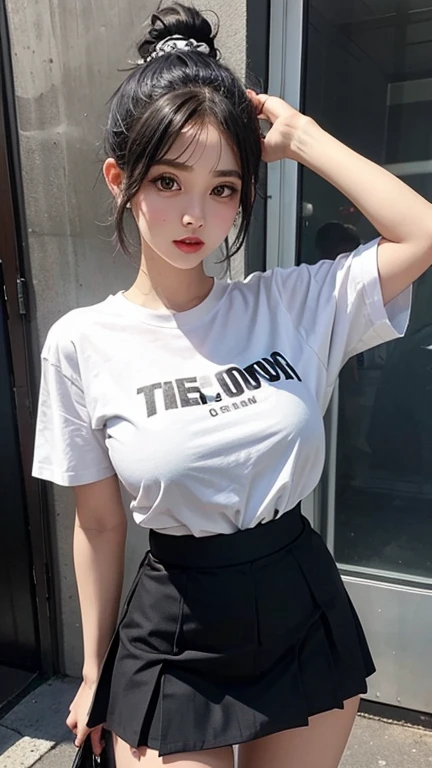 solo , 1girl , white shirt rock punk styes , big breast , skirt  rock punk styes 