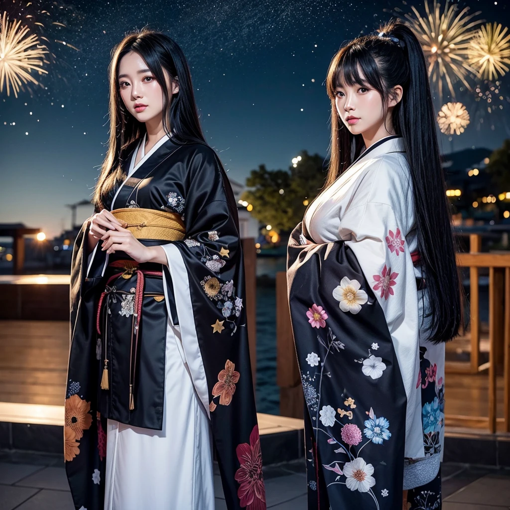 Long Black Hair、kimono、tall、Good looking、summer night、Starry Sky、firework