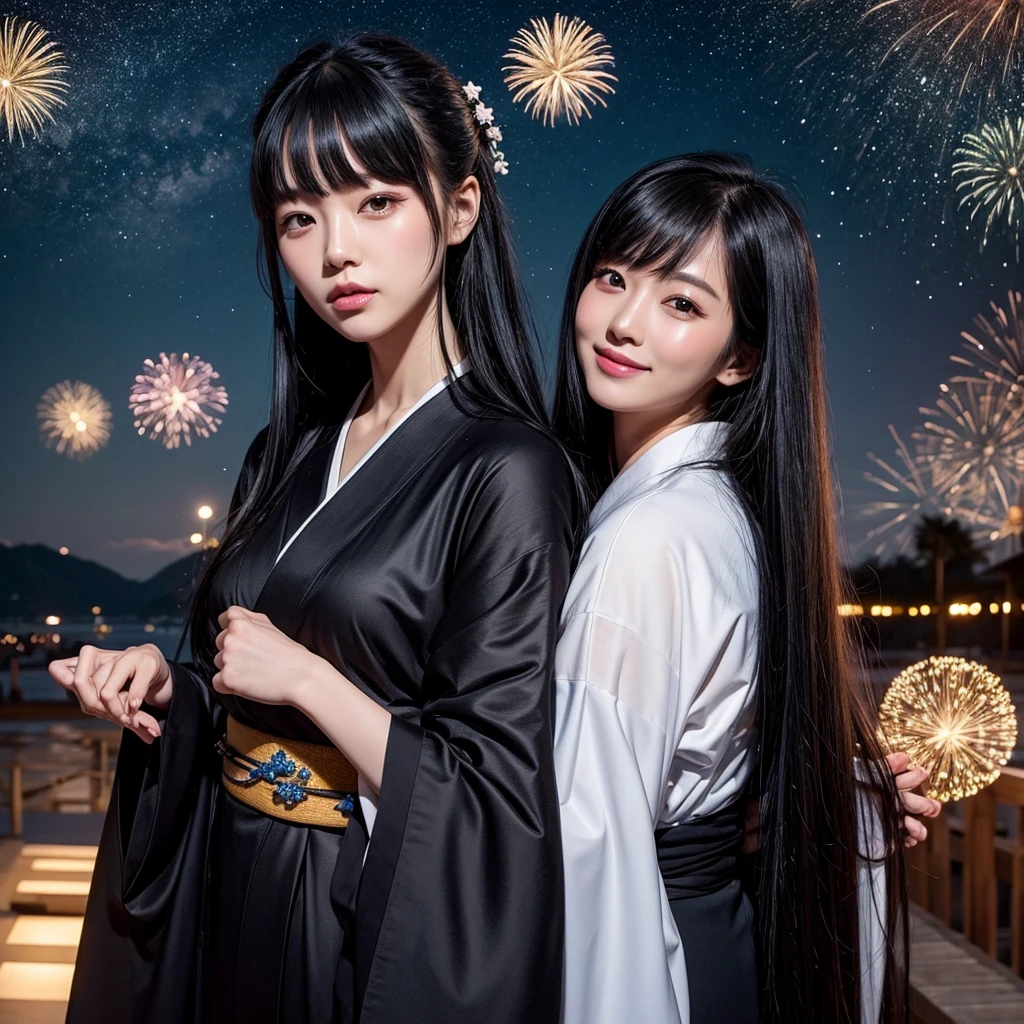 Long Black Hair、kimono、tall、Good looking、summer night、Starry Sky、firework