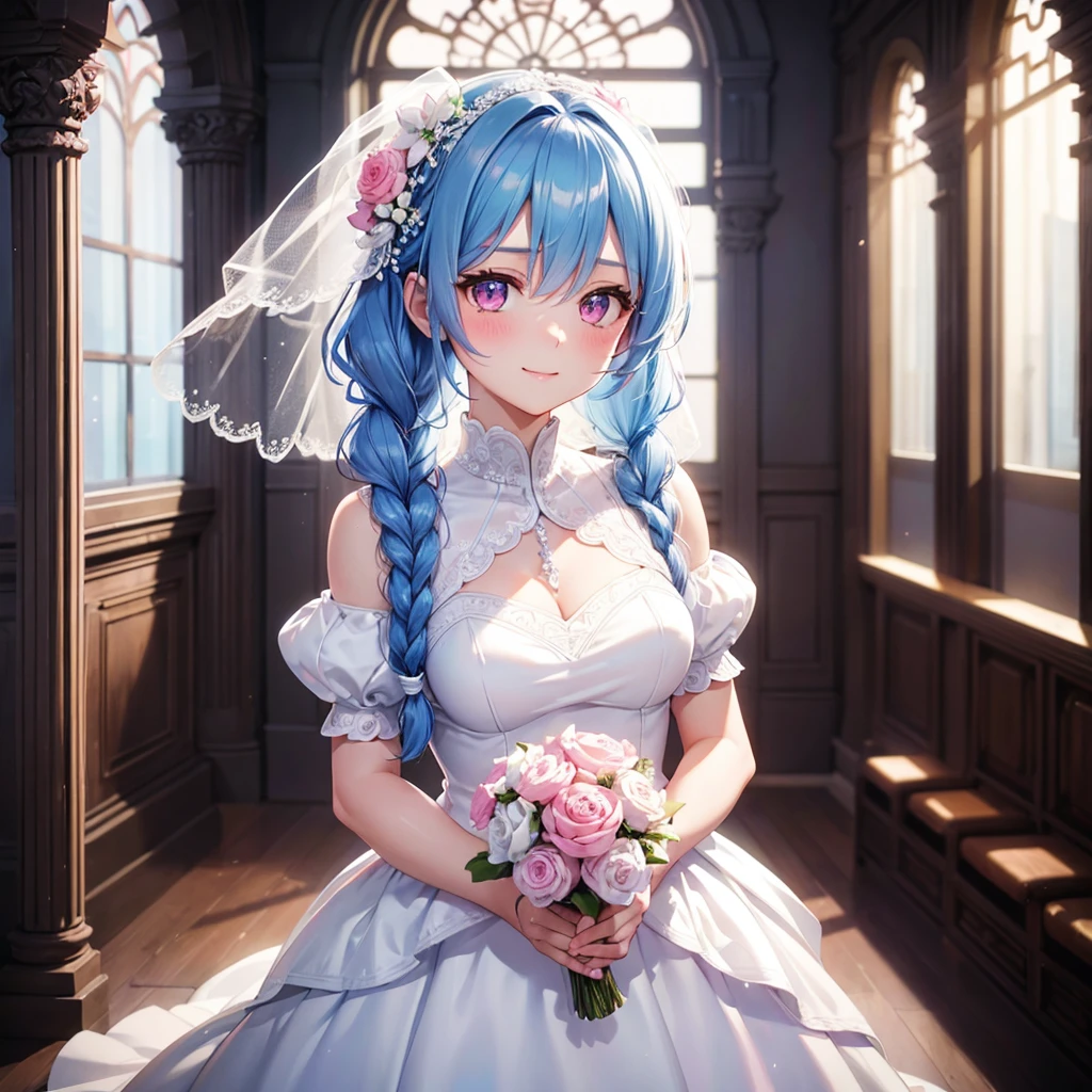 Sky Blue Medium Hair, (Braided Hair),(Pink Eyes),Fair skin ,(whole body),(1 girl),bride,smile、Straight bangs, 6月のbride,Wedding dress,(masterpiece, Highest quality, Very detailed, Best Shadow), (Detailed Background), (Beautifully detailed face), High Contrast, (Best lighting, Very delicate and beautiful), ((Cinematic Light)), colorful, Hyper Detail, Dramatic Light, Intricate details,Wedding hall,