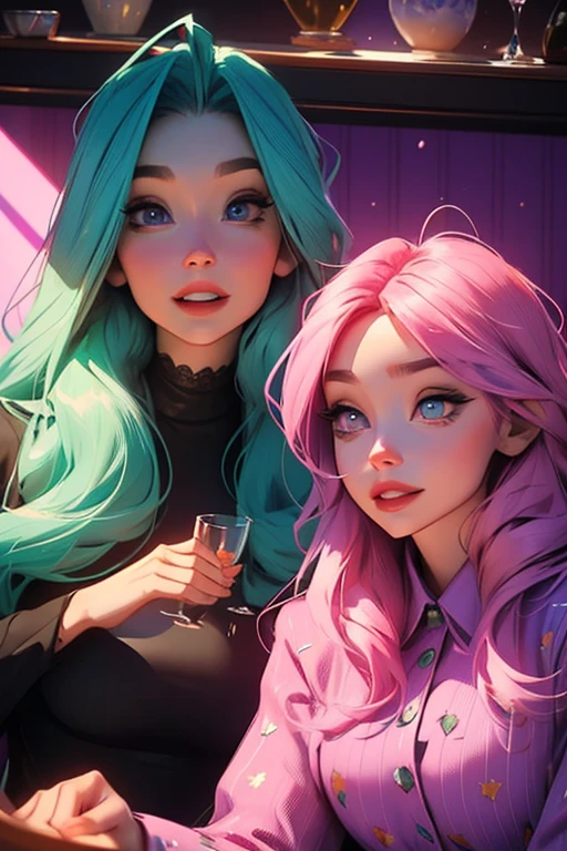 Two women. Perfect faces. Perfect hands. A pink haired woman with violet eyes and an hourglass figure is watching a movie with a green haired woman with violet eyes with an hourglass figure and glasses in matching pajamas and big smiles