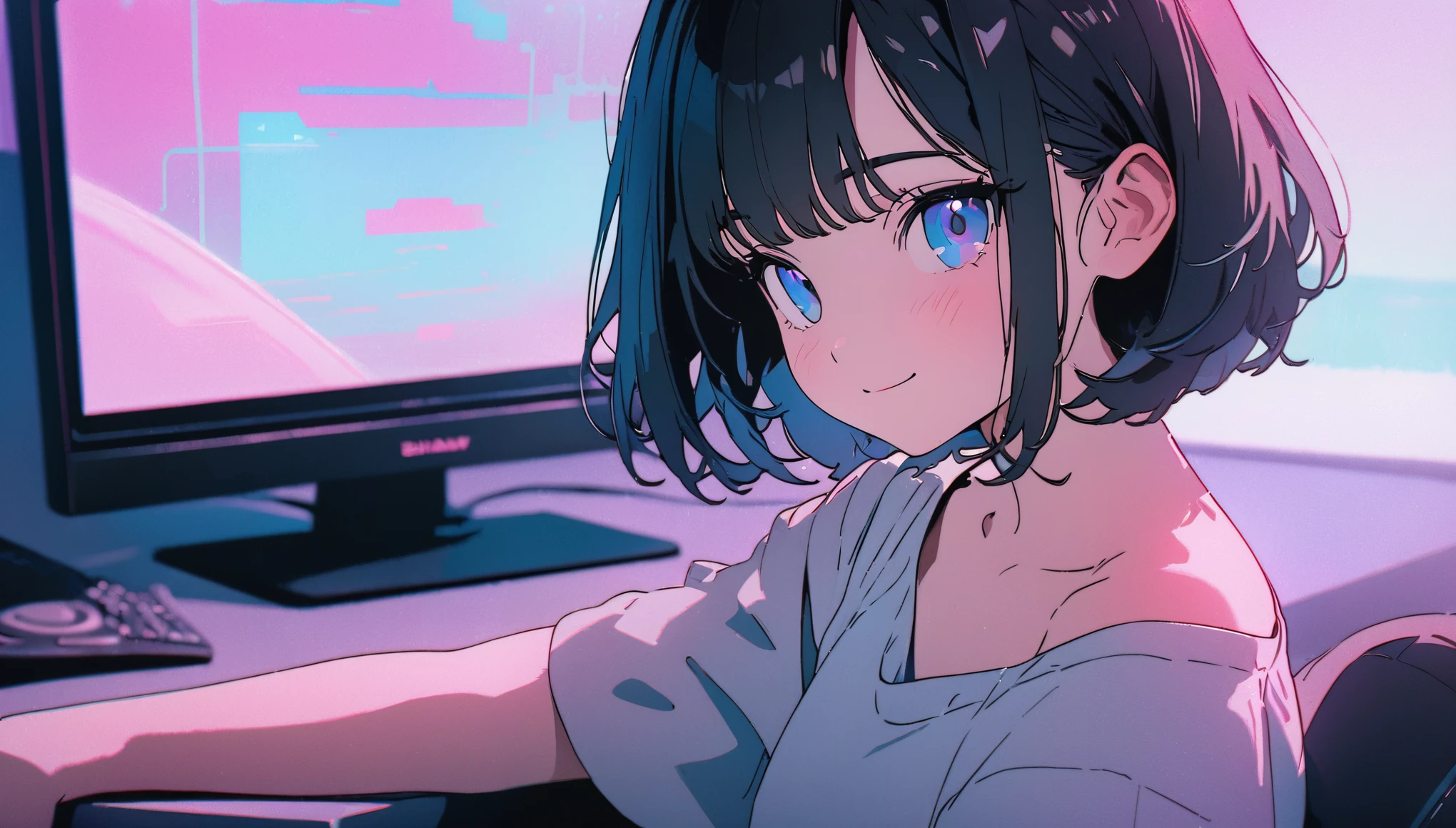 ((Best Quality, 8K, Masterpiece: 1.3)),((Amazing detail: 1.2)),((illustration: 1.1)),vaporwave,pink,dreamy,lofi style,computer,film grain, one Beautiful girl, solo, gentle smile on her face flat chest, short hair, black hair, blue eyes,