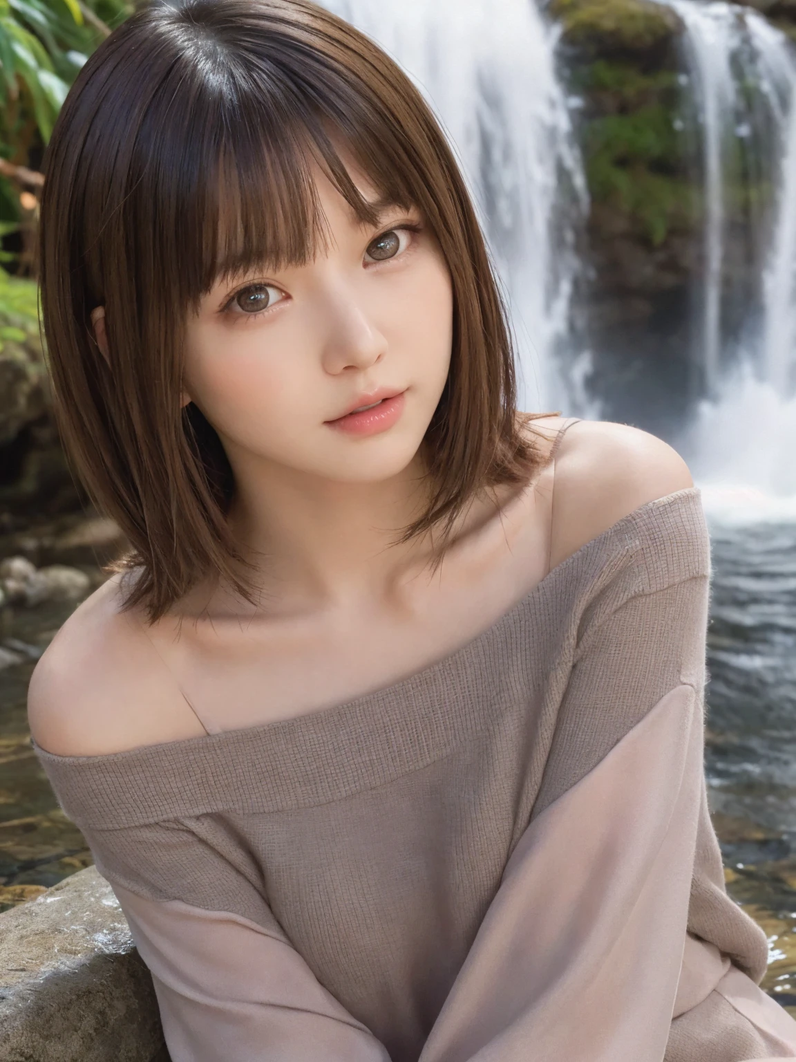 One Girl, (Beautiful girl, Delicate girl:1.3), (16 years old:1.3),
break, (Off-the-shoulder tops:1.2),
break, (Small waterfall background:1.2),
break, Very beautiful eyes, (Symmetrical eyes:1.3),
break, (Big Breasts:1.1), Brown eyes, Parted bangs, Brown bob cut hair, Round face, cute,
break, (Eye and facial details:1.0),
break, (masterpiece, Highest quality, Super detailed, Detailed face, 8K)