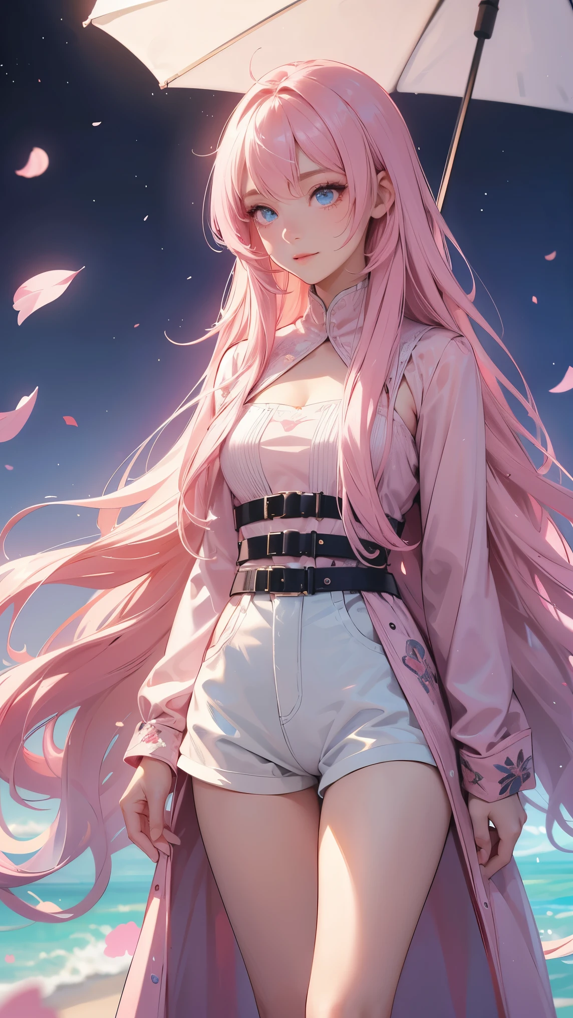 Fluffy hair，Flowing long hair，（Extra long hair），Shiny pink hair，Shiny hair，1 girl，Alone，blue eyes，（Pink hair），Pink hair，Looking at the audience，Smile，Makeup face print，thigh，Light-colored shorts，Black long-sleeved coat，outdoor，whole body（（masterpiece）），（（best quality））），（（Ultra Detailed）），（（illustration）），（solo），（（Sing）），（leaning_forward：1.2），（arms_behind_back），（（extremely_detailed_eyes_and_face）），Colorful，Ray Tracing，cherry_blossoms，petal，Flying Notes，4K，8k，Fine details，Ultra-high resolution