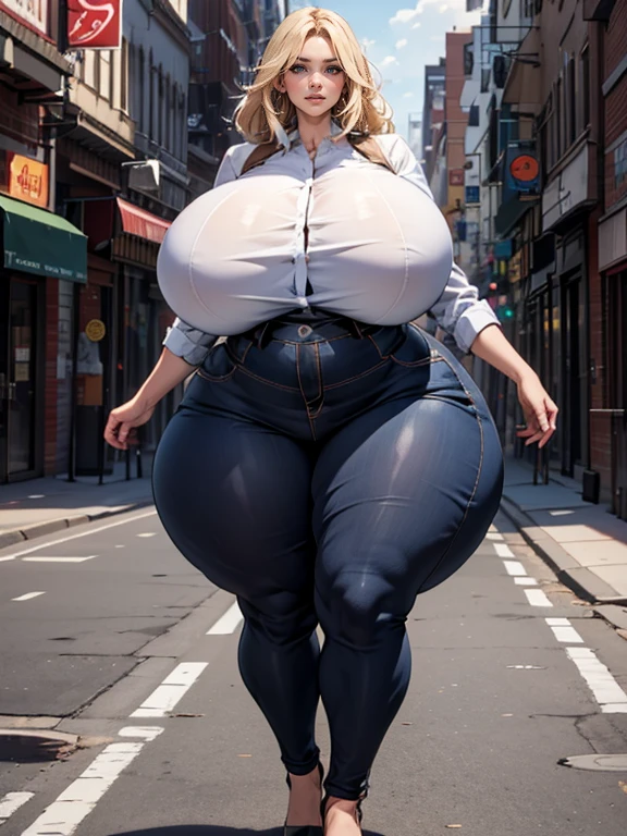 masterpiece, best quality, super detail, 4k, 1 girl, (casual outfit), (gigantic breasts, gigantic hips, gigantic thighs, slim waist), walking down the street, dynamic pose