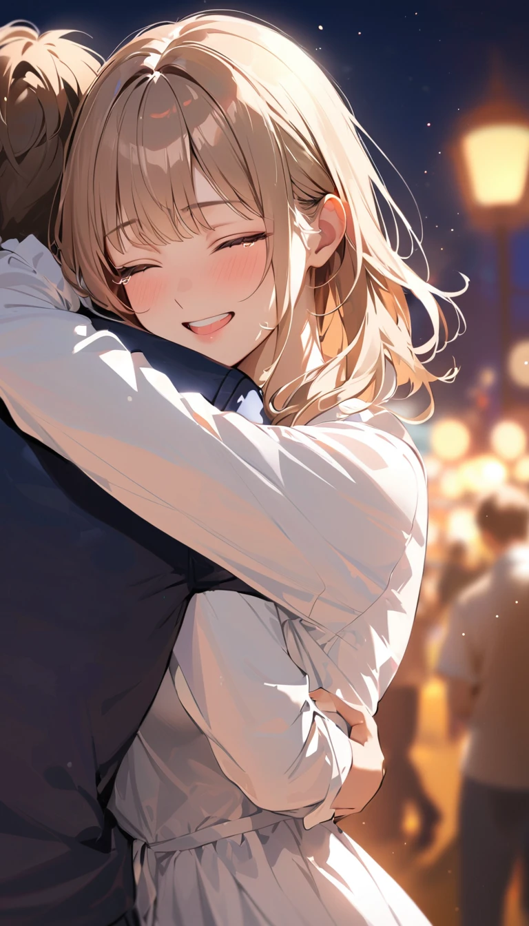 super detail, best quality, a woman ,semi-long, Light brown hair, Hug the other person,Jump with force,Reunited with my beloved, tears of gratitude, Eyes closed,Blurred background