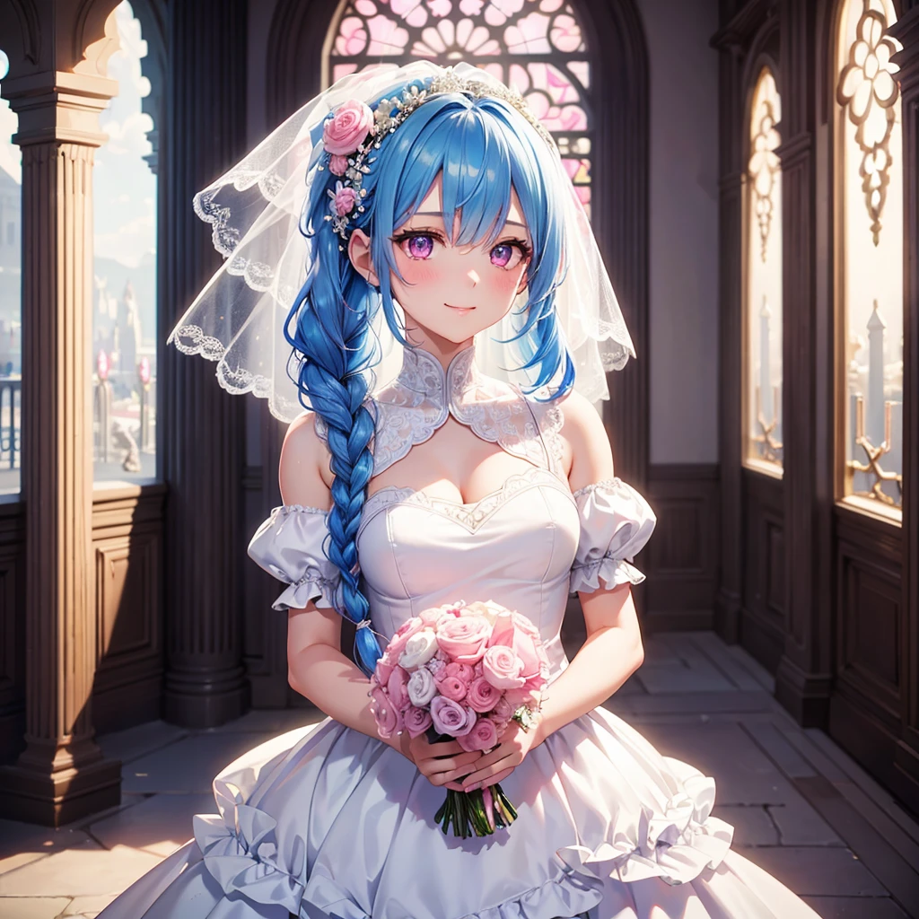 Sky Blue Medium Hair, (Braided Hair),(Pink Eyes),Fair skin ,(whole body),(1 girl),bride,smile、Straight bangs, 6月のbride,Wedding dress,(masterpiece, Highest quality, Very detailed, Best Shadow), (Detailed Background), (Beautifully detailed face), High Contrast, (Best lighting, Very delicate and beautiful), ((Cinematic Light)), colorful, Hyper Detail, Dramatic Light, Intricate details,Wedding hall,