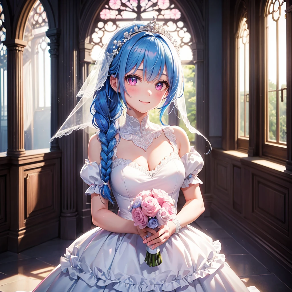 Sky Blue Medium Hair, (Braided Hair),(Pink Eyes),Fair skin ,(whole body),(1 girl),bride,smile、Straight bangs, 6月のbride,Wedding dress,(masterpiece, Highest quality, Very detailed, Best Shadow), (Detailed Background), (Beautifully detailed face), High Contrast, (Best lighting, Very delicate and beautiful), ((Cinematic Light)), colorful, Hyper Detail, Dramatic Light, Intricate details,Wedding hall,