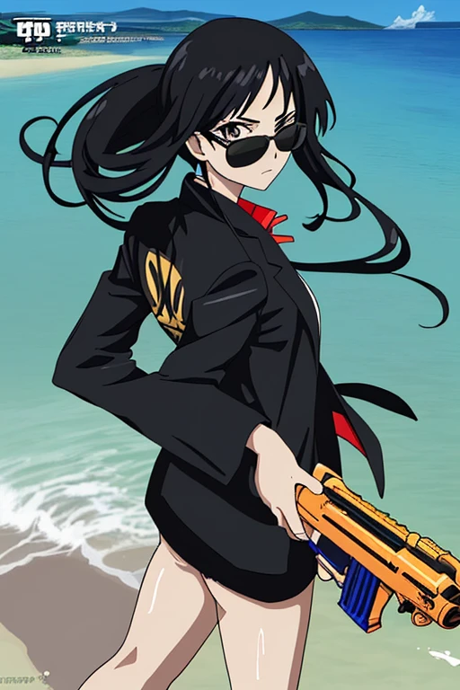 score up_9,source_anime,anime style,masterpiece,best quality,super detailed,super fine illustration,8k,Break beach,beautiful background,detailed background,Break holding watergun,detailed watergun,perfect watergun,Break black hair,sunglasses,black jacket,perfect hands,perfect fingers,perfect face,set a target,