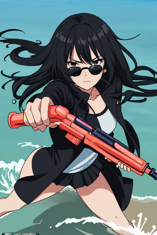 score up_9,source_anime,anime style,masterpiece,best quality,super detailed,super fine illustration,8k,Break beach,beautiful background,detailed background,Break holding watergun,detailed watergun,perfect watergun,Break black hair,sunglasses,black jacket,perfect hands,perfect fingers,perfect face,set a target,