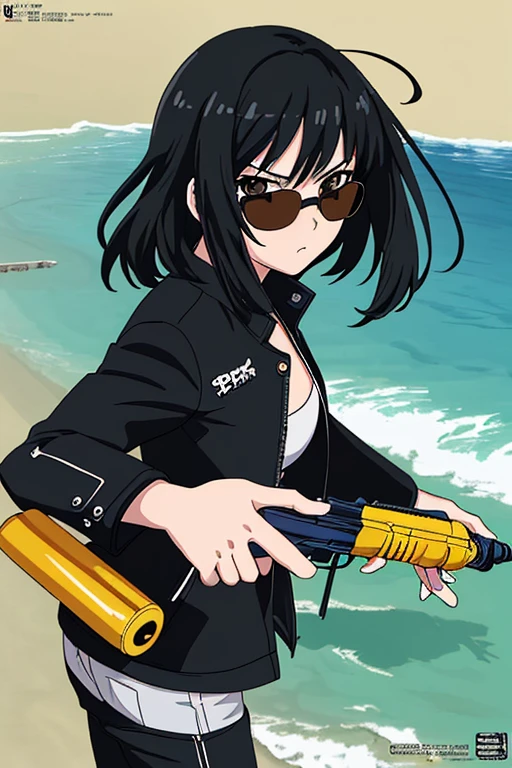 score up_9,source_anime,anime style,masterpiece,best quality,super detailed,super fine illustration,8k,Break beach,beautiful background,detailed background,Break holding watergun,detailed watergun,perfect watergun,Break black hair,sunglasses,black jacket,perfect hands,perfect fingers,perfect face,set a target,